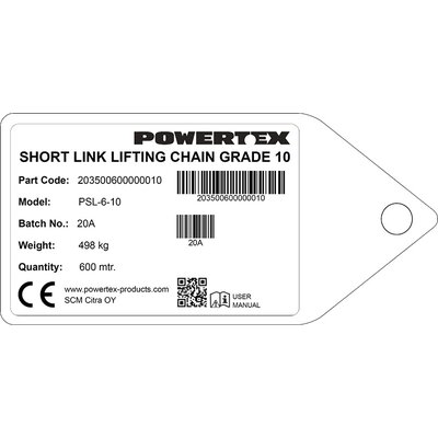 Powertex description tag for 6 mm Grade 10/100 short link chain