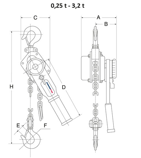 Lever hoist POWERTEX PLH-S2OLP 0.25 ton to 3 ton measurements