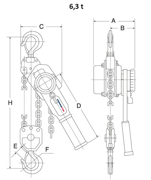 Lever hoist POWERTEX PLH-S2OLP 6.3 ton measurements