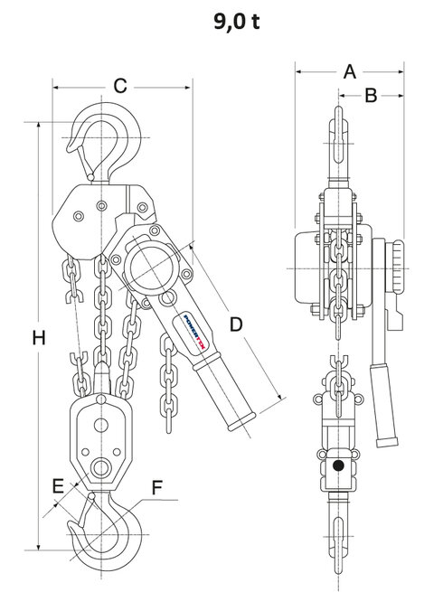 Lever hoist POWERTEX PLH-S2OLP 9 ton measurements